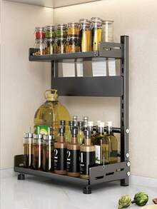 1PC Adjustable Height Multifunctional Kitchen Spice Rack Countertop Storage Organizer Shelf Rustproof Space Saving Black Home Must Have - Black - View 13