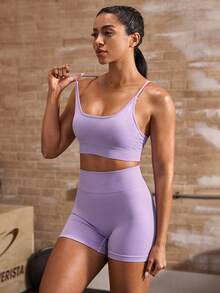 Powerista Bộ đồ thể thao nữ màu trơn gồm áo hai dây và quần short. - Màu tím - Xem 5
