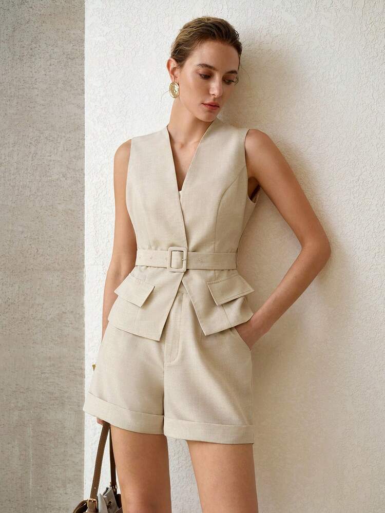 SUMMER ELEGANT OFFICE LADY COMMUTING WAISTCOAT & SHORTS 2 PIECES SET FOR WOMEN