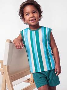 Maija Kids Maija Kids 2件組兒童/小男孩休閒條紋圓領短袖T恤與藍色短褲套裝，適合日常穿著、返校、運動，春夏季 - 彩色 - 查看 6