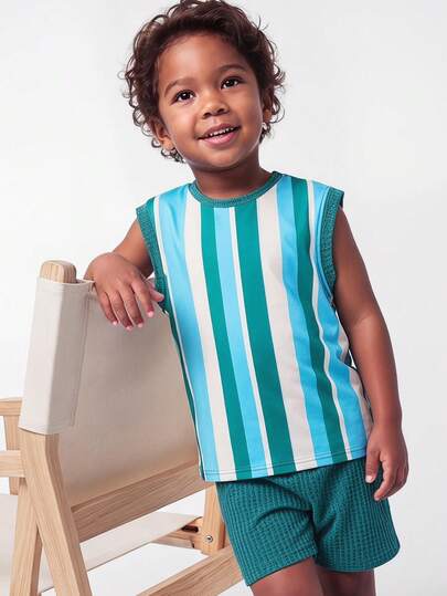 Maija Kids Maija Kids 2 Stücke Kinder/Kleinkinder Jungen Lässiges gestreiftes Rundhals Kurzarm T-Shirt und blaue Shorts Set, geeignet für den täglichen Gebrauch, Ausflüge, Sport, Frühling und Sommer