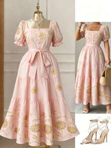 Rometta Plus Size Women Floral Embroidery Square Neck Petal Sleeve Elegant Dress - Pink - View 7