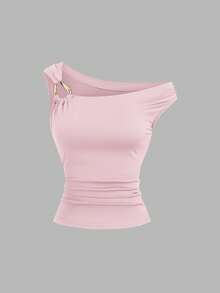 Sweetra 2pcs/Set Asymmetric Collar Fitted T-Shirt, Versatile Casual Top, Spring/Summer - Multicolor - View 4