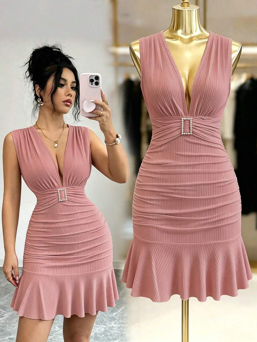 Elenzga Mẫu đầm ngắn tay lửng, thiết kế thời trang thanh lịch, gợi cảm, cổ chữ V sâu, xếp ly hai lớp, đính đá lấp lánh, khóa vuông, ôm sát chân váy, dành cho nữ, thích hợp cho mùa xuân/hè. - Hồng - Xem 1