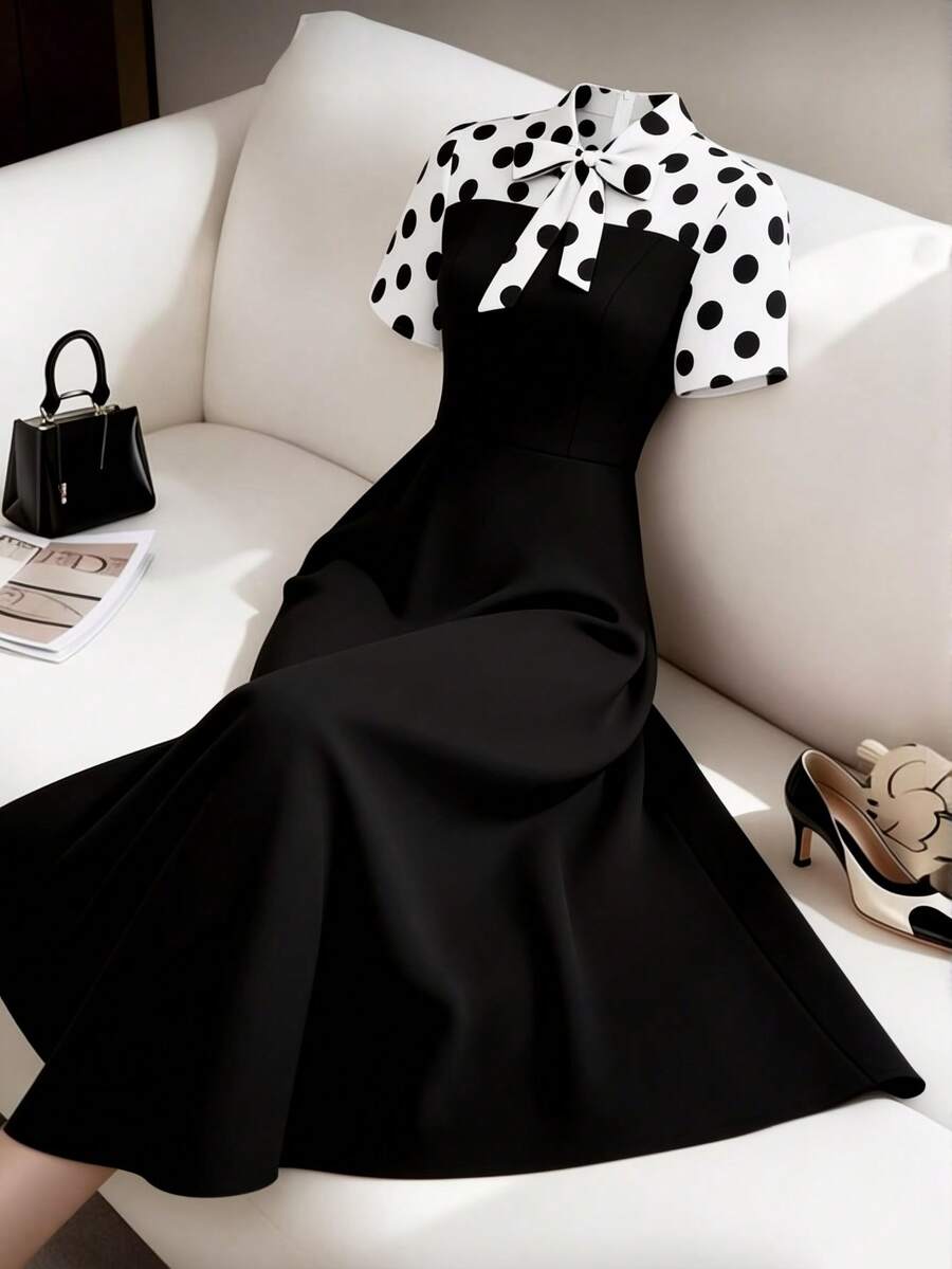 GlowEve CURVE Plus Size Women's Fashionable Elegant Contrast Color Polka Dot Printed Bow Tie Dress - Black - View 1