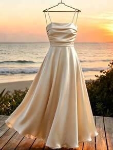 GlowEve Vestido de satén elegante con tirantes con cuentas para mujer para el verano - Albaricoque - Ver 3