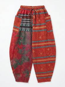 WanderVale Women's Outdoor Elastic Waist Tie Bohemian Style Printed Lantern Loose Wide Leg Casual Sports Pants - Red - View 5