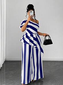 Maweii Bộ đồ 2 mảnh cỡ lớn in sọc, gợi cảm, vai bất đối xứng - Xanh và trắng - Xem 1