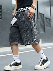 Manfinity EMRG Men's Casual Street Style Embroidered Patch Grey Denim Shorts - Dark Grey - View 4