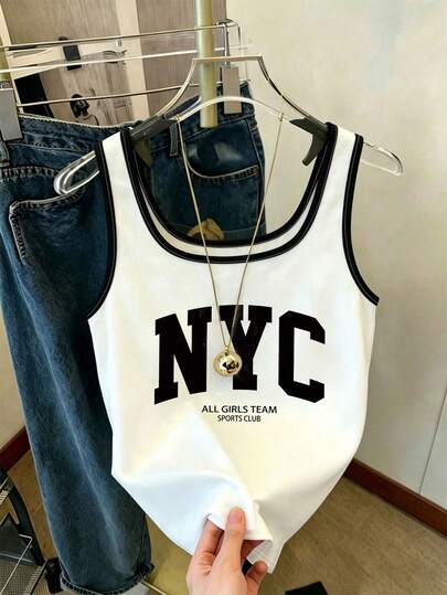 Áo Cami ôm dáng phong cách retro dành cho nữ tuổi teen, in chữ NYC, viền tương phản, thích hợp cho mùa hè, cá tính, in chữ NYC màu trắng đen tương phản, thích hợp cho mùa xuân và hè, thoải mái và thư giãn, mùa du lịch gia đình, du lịch gia đình, trang phục thường ngày, làm mới không gian sống, thoải mái và dễ mặc, thể thao thư giãn, phong cách cơ bản, thời trang hàng ngày.