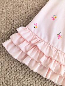 SHEIN Đầm dệt kim tay ngắn cổ polo mùa hè cho bé gái, kiểu dáng suông dễ thương với họa tiết cầu vồng khắp thân đầm và thiết kế bèo nhún ở gấu. - Hồng - Xem 6