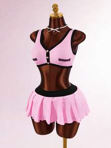 Women's Contrast Trim Sweetheart Neck Camisole And Mini Skirt Sexy 2 Pieces Set - Pink - View 4
