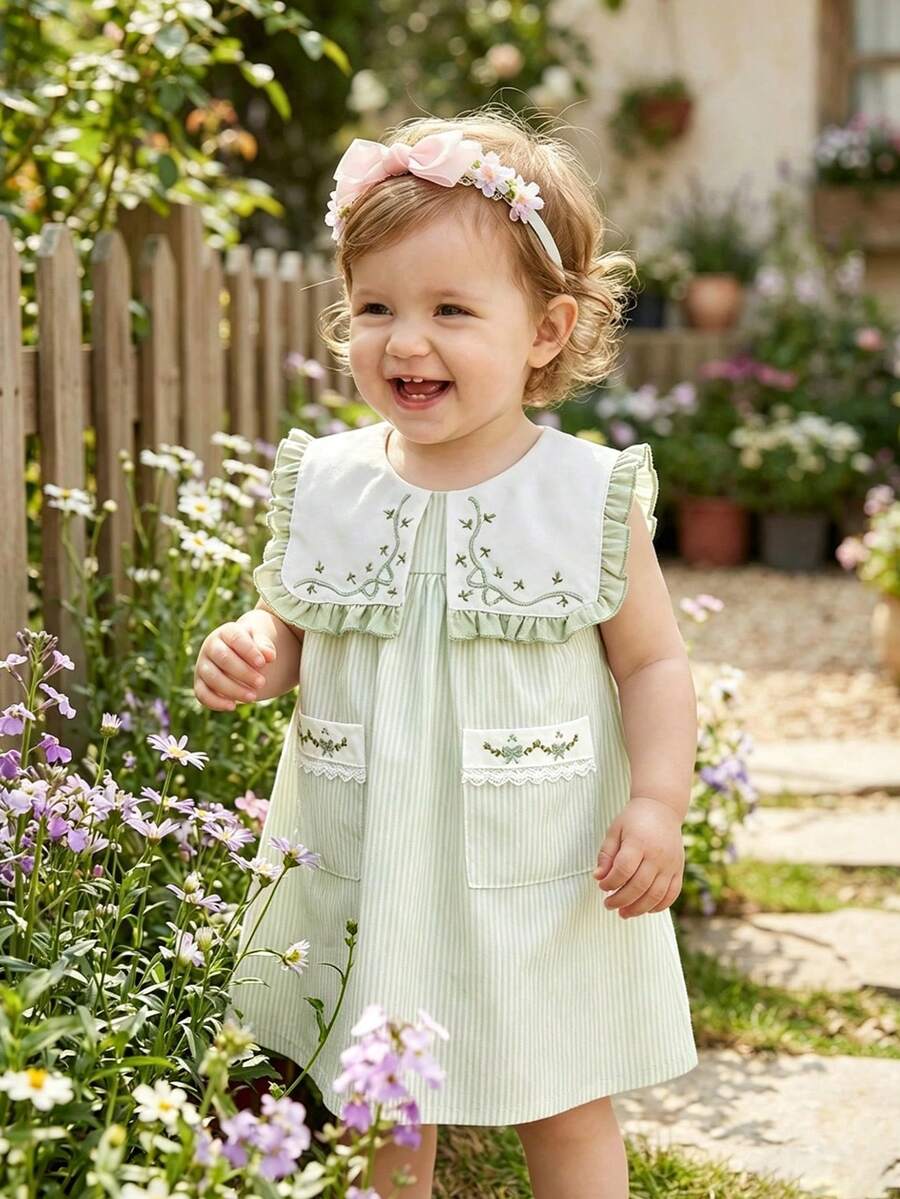 Souflis Souflis Baby Girls' Summer New Arrival Cute Peter Pan Collar Bow Embroidered Floral Trim Pocket Design Open Back Sweet Casual Princess Dress - Green - View 1