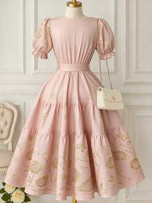 Rometta Plus Size Women Floral Embroidery Square Neck Petal Sleeve Elegant Dress - Pink - View 2