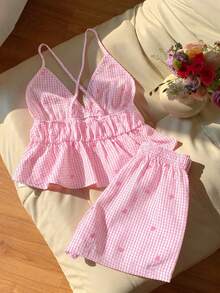 Comfortcana Bộ đồ thường ngày thoải mái gồm áo hai dây và quần short in họa tiết trái tim kẻ caro dành cho nữ. - Hồng - Xem 2