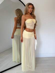 TRNVIE Pale Yellow Summer Seksi Chic Vacation Sheer Mesh Top With Side Ruching,Flowy High-Low Dress,Elegant Soft 2-Piece Set For Beach,Date Night,Dinner - Apricot - View 4