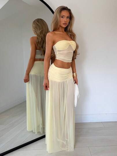 TRNVIE Elegante, suave y grácil blusa de malla transparente con fruncido lateral, vestido fluido de bajo alto, adecuado para primavera/verano, playa, té de la tarde, cita, cena a la luz de las velas, color albaricoque suave, conjunto de 2 piezas