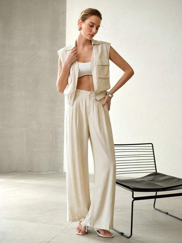 WOMEN'S WHITE INVERTED FOLD FAUX LINEN BASIC ELEGANT OFFICE SUIT PANTS