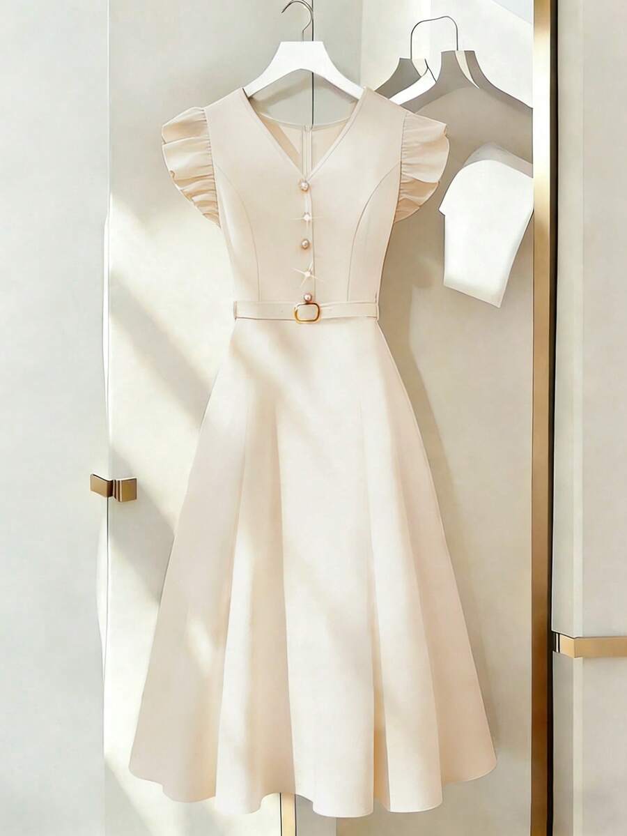 EMERY ROSE Women's Elegant Satin V-Neck Ruffle Armhole Belted Midi Dress, Romantic For Party, Wedding Season, Summer - Apricot - View 1