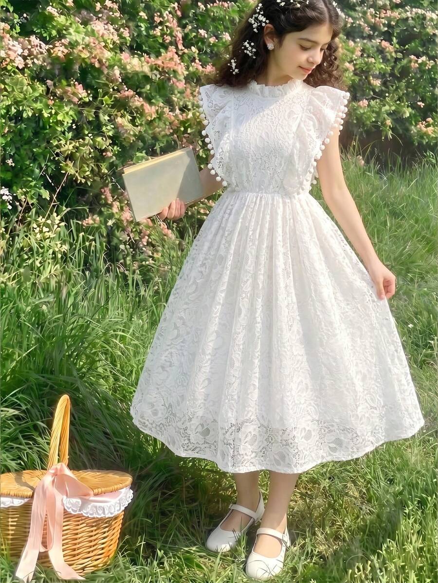 Elladie kids 女孩白色優雅蕾絲無袖洋裝,重工刺繡A字公主裙,適合夏季野餐、生日派對、花童禮服 - 白色 - 查看 1