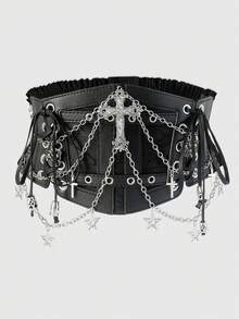 ROMWE 1pc Women Black Lace Chain Skull Cross Tie Decor Elastic Waistband Goth Dress Accessory For Halloween - Black - View 7