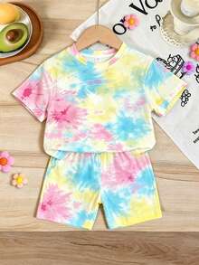 Zestaw 2 szt., Letni, nowy, miękki materiał, top z nadrukiem cyfrowym tie-dye i okrągłym dekoltem + legginsy z elastyczną talią, odpowiedni na plażę, wakacje i świąteczne wyjścia - Jasnoniebieski - Zobacz 6