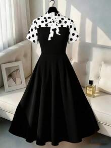GlowEve CURVE Plus Size Women's Fashionable Elegant Contrast Color Polka Dot Printed Bow Tie Dress - Black - View 3