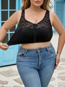 SHEIN CURVE+ Plus Size Women Lace Patchwork Front Closure Casual Everyday Shaping Top - Black - View 8