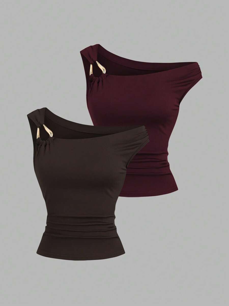 Sweetra 2pcs/Set Asymmetric Collar Fitted T-Shirt, Versatile Casual Top, Spring/Summer - Multicolor - View 1
