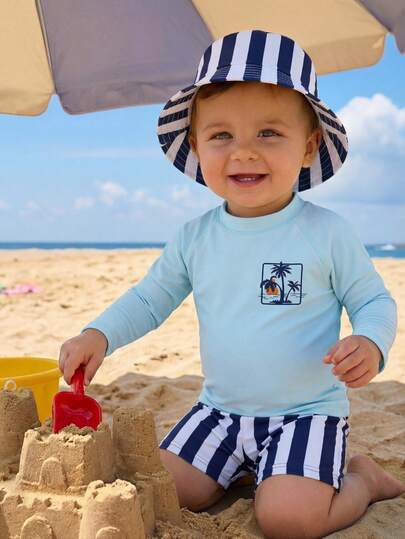 SHEIN 2 pièces Ensemble de maillot de bain d'été décontracté pour bébé garçon, convient pour la plage, les sources chaudes, les bains, vêtements de bain pour nourrissons