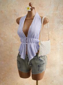 Mistrie Women's Jacquard Knit Sexy Backless Camisole Top For Vacation - Mauve Purple - View 5