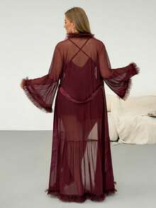 Auralis 3D Mesh Plus Size Sleeve Sexy Sheer Mesh Maxi Robe For Plus Size Women Sexy Lace Patchwork Sheer Mesh Open Back Plus Size Women Robe Set Wine Red Dress For Women Elegant Women Sleepwear For Party Red Dress For Women Summer Sleepwear - Maroon - View 3