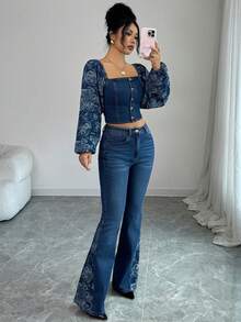 SHEIN Elenzya 2pcs/Set Women Stylish Denim Outfit, Long Sleeve Cold Shoulder Top And High Waist Pants - Medium Wash - View 7