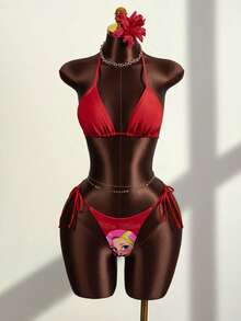 Zestiva Bộ bikini 3 mảnh dành cho nữ, họa tiết da báo và hình hoạt hình, kiểu dáng tam giác buộc dây, kèm áo khoác ngoài, gợi cảm và thanh lịch, thích hợp cho kỳ nghỉ biển hoặc tiệc tùng. - Nhiều màu - Xem 4