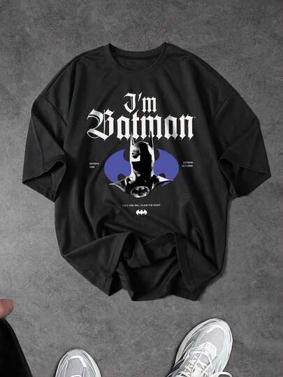 BATMAN X SHEIN Sport MetroGents 男士休闲百搭字母印花圆领短袖运动T恤