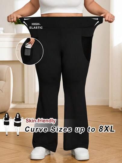SHEIN CURVE+ Plus Size Women's Back To School Casual Home Clothes Yoga Comfortable Outdoor Solid Color Knitted Elastic Waist High Waist Pocket Bell Bottom Pants, Tight Pants With Lace Pockets