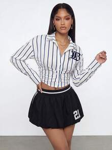 Gowayae 女士优雅通勤蓝白条纹竖条纹翻领单排扣长袖修身衬衫，春秋季 - 彩色 - 查看 8