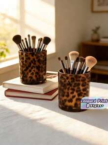 1 pièce/2 pièces/3 pièces Porte-pinceau de maquillage haute brillance, organisateur de rangement multifonction, imprimé léopard vintage, contenant pour crayons de maquillage et rouge à lèvres, décoration de bureau pour femme et fille - Multicolore - Voir 1