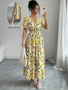 Elenzga Đầm nữ dáng chữ A, cổ chữ V, eo chun, xẻ tà hai bên, tay chuông, chất liệu vải lanh pha, thắt nút tre đơn, in họa tiết chanh, kiểu dáng thanh lịch, lãng mạn, cổ điển, phù hợp cho đi làm, công sở, đi biển, dạo phố, đa năng, mùa xuân/hè. - Màu vàng - Xem 1