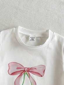 SHEIN Vintaside Kids 女婴夏季圆领短袖印花简约时尚T恤搭配百搭休闲裤套装，适合日常休闲、海滩玩耍或公园散步。 - 白色 - 查看 6