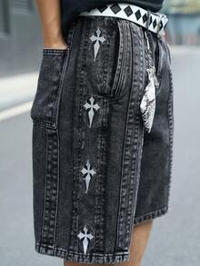 Manfinity EMRG Men's Casual Street Style Embroidered Patch Grey Denim Shorts - Dark Grey - View 5