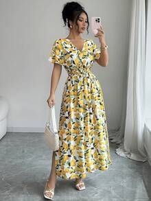 Elenzga Đầm nữ dáng chữ A, cổ chữ V, eo chun, xẻ tà hai bên, tay chuông, chất liệu vải lanh pha, thắt nút tre đơn, in họa tiết chanh, kiểu dáng thanh lịch, lãng mạn, cổ điển, phù hợp cho đi làm, công sở, đi biển, dạo phố, đa năng, mùa xuân/hè. - Màu vàng - Xem 4