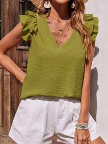 Selianne Blusa de mujer con mangas con volantes texturizados para resort - Verde militar - Ver 5