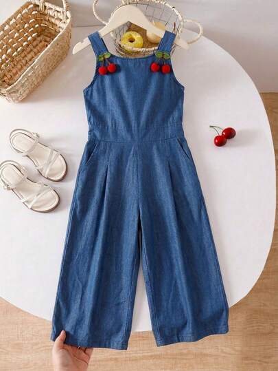 Mono vaquero para niñas con apliques de cerezas, estilo casual, azul, pierna ancha, largo hasta el suelo, sin mangas, ideal para jugar en verano.