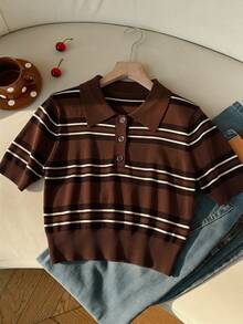 SHEIN EZwear 女士休闲半拉链短袖条纹针织衫，多色 - 彩色 - 查看 5