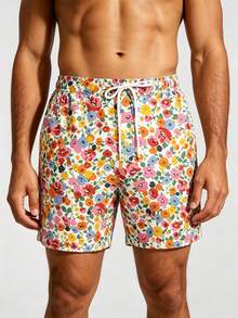 Manfinity Swimmode 夏季男士白色碎花印花沙灘短褲，波希米亞度假風，泳池派對夏威夷熱帶游泳洗浴沙灘短褲 - 彩色 - 查看 5