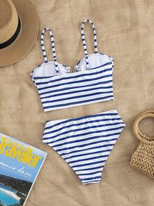 Swim Lushoire Bộ bikini cạp cao hình chữ U kẻ sọc xanh trắng, kiểu tankini gợi cảm với phần xếp ly, thích hợp cho nữ, đi nghỉ mát và spa. - Xanh và trắng - Xem 6