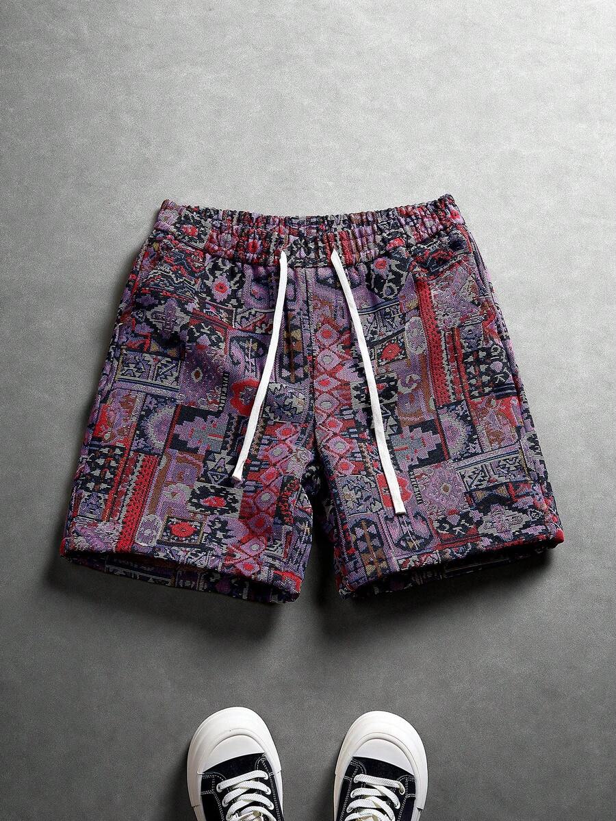 Manfinity Hypemode Men's Straight Leg Casual Shorts With Geometric Jacquard Pattern - Purple - View 1
