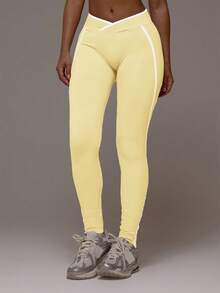 Musera Sport Contrast Ribbed Seamless Leggings Only Active Co-Ord Sport Workout Gym Pilates Fitness Daily Casual Smoky Quartz - Light Yellow - View 2