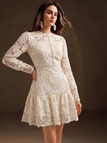 Anewsta New Arrival Women's Spring/Summer Elegant Lace Embroidered Long Sleeve Apricot Dress - Apricot - View 5